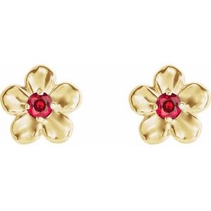 14K Yellow Gold Imitation Ruby July Birthstone Flower Earrings