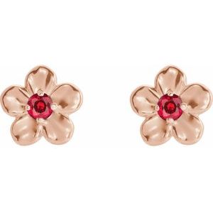 14K Rose Gold Imitation Ruby July Birthstone Flower Earrings