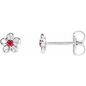 14K White Gold Imitation Ruby July Birthstone Flower Earrings