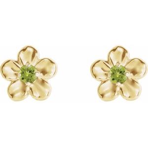 14K Yellow Gold Imitation Peridot August Birthstone Flower Earrings