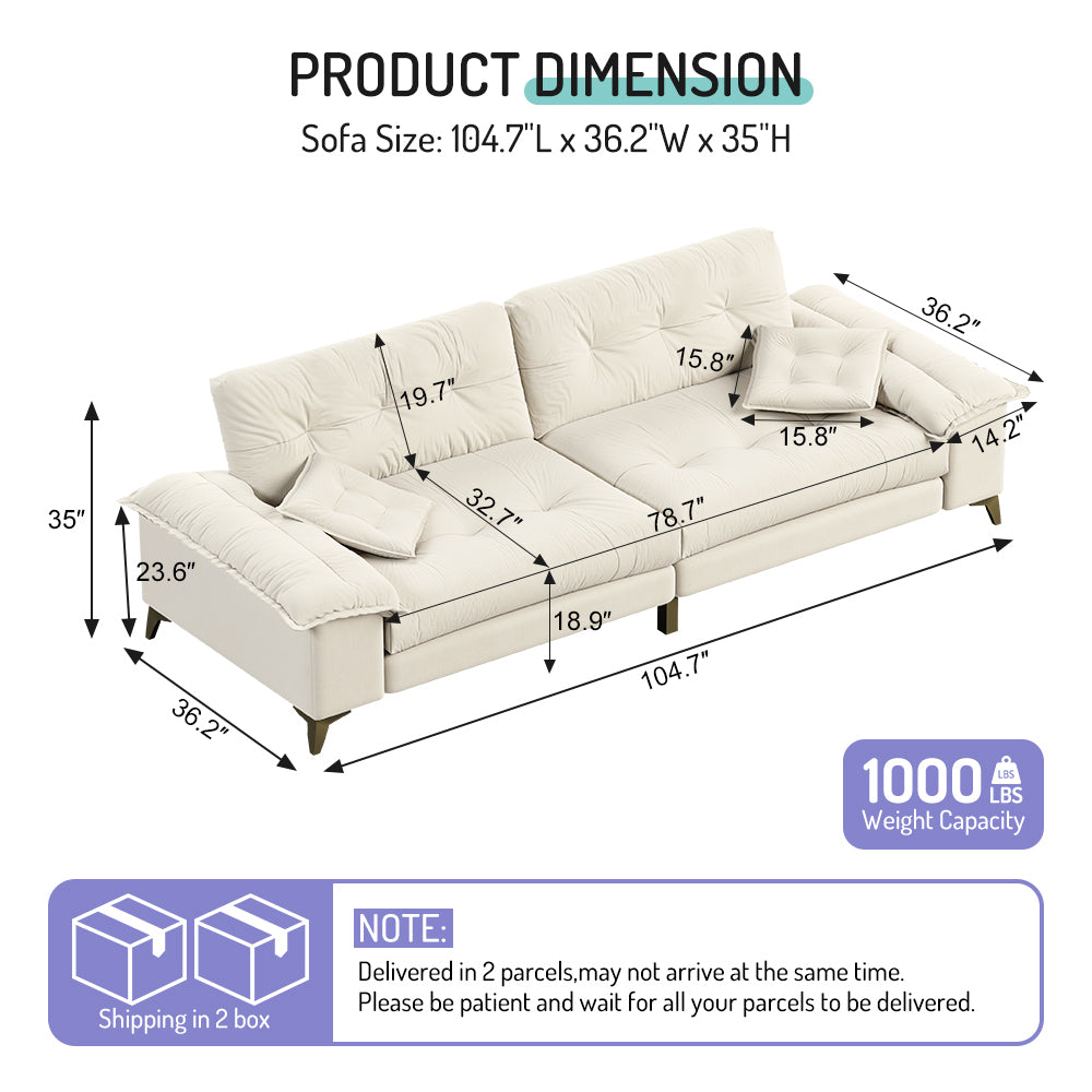 104.7 ' Modern 4-Seat Cloud Sofa with Wide Removable Armrests, Tufted Sofa with Metal Legs,Comfy Chenille Upholstered Couch with 2 Pillows for Living Room,Bedroom,Apartment, Office,Studio,Beige