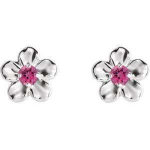 Sterling Silver Imitation Pink Tourmaline October Birthstone Flower Earrings