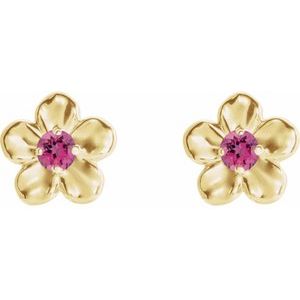 14K Yellow Gold Imitation Pink Tourmaline October Birthstone Flower Earrings
