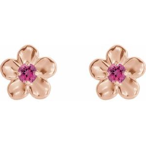 14K Rose Gold Imitation Pink Tourmaline October Birthstone Flower Earrings
