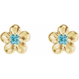 14K Yellow Gold Imitation Blue Zircon December Birthstone Flower Earrings