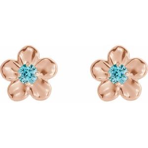 14K Rose Gold Imitation Blue Zircon December Birthstone Flower Earrings