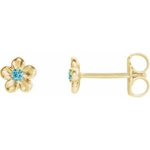 14K Yellow Gold Imitation Blue Zircon December Birthstone Flower Earrings