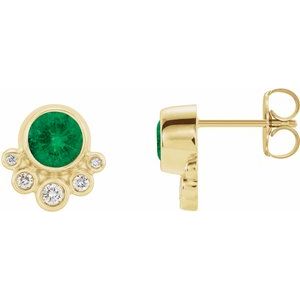 14K Yellow Gold Natural Emerald & 1/8 CTW Natural Diamond Earrings