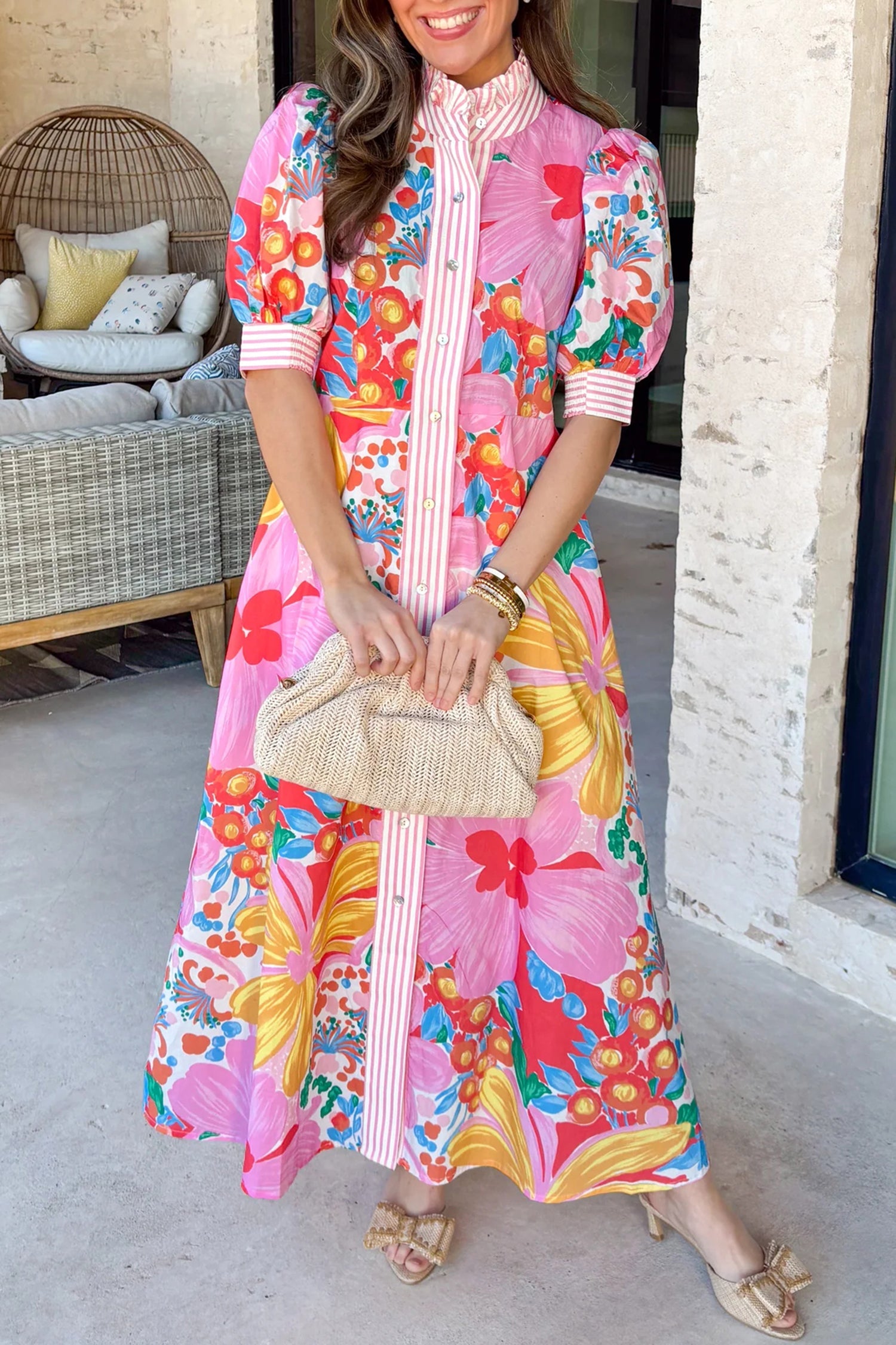 Floral Stripe Trim Puff Sleeve Buttoned Maxi Dress