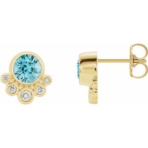 14K Yellow Gold Natural Blue Zircon & 1/8 CTW Natural Diamond Earrings
