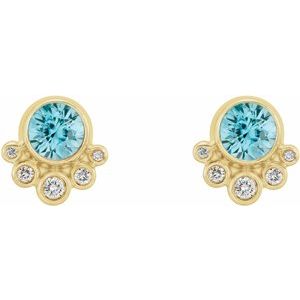 14K Yellow Gold Natural Blue Zircon & 1/8 CTW Natural Diamond Earrings – image 2