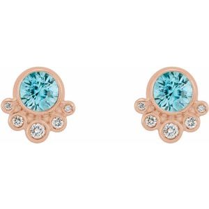 14K Rose Gold Natural Blue Zircon & 1/8 CTW Natural Diamond Earrings – image 2