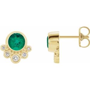 14K Yellow Gold Lab-Grown Emerald & 1/8 CTW Natural Diamond Earrings