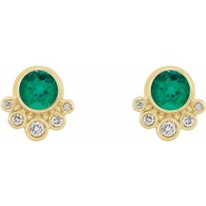 14K Yellow Gold Lab-Grown Emerald & 1/8 CTW Natural Diamond Earrings – image 2