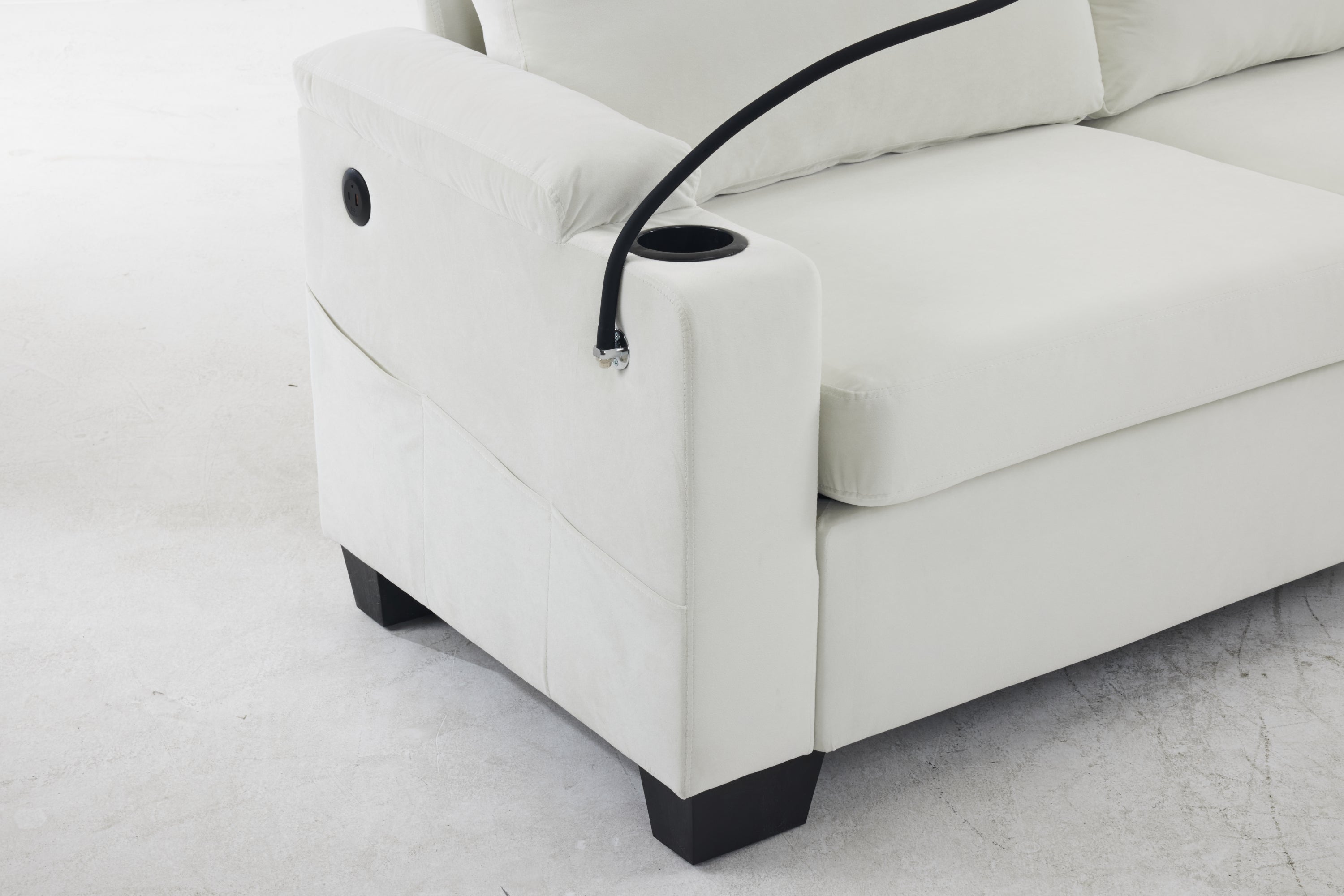 Pull-out sofa bed, chenille material, pull-out queen sofa bed, with USB charging, mobile phone holder, memory sofa, removable and washable cushions, suitable for living room, bedroom, apartment, white
