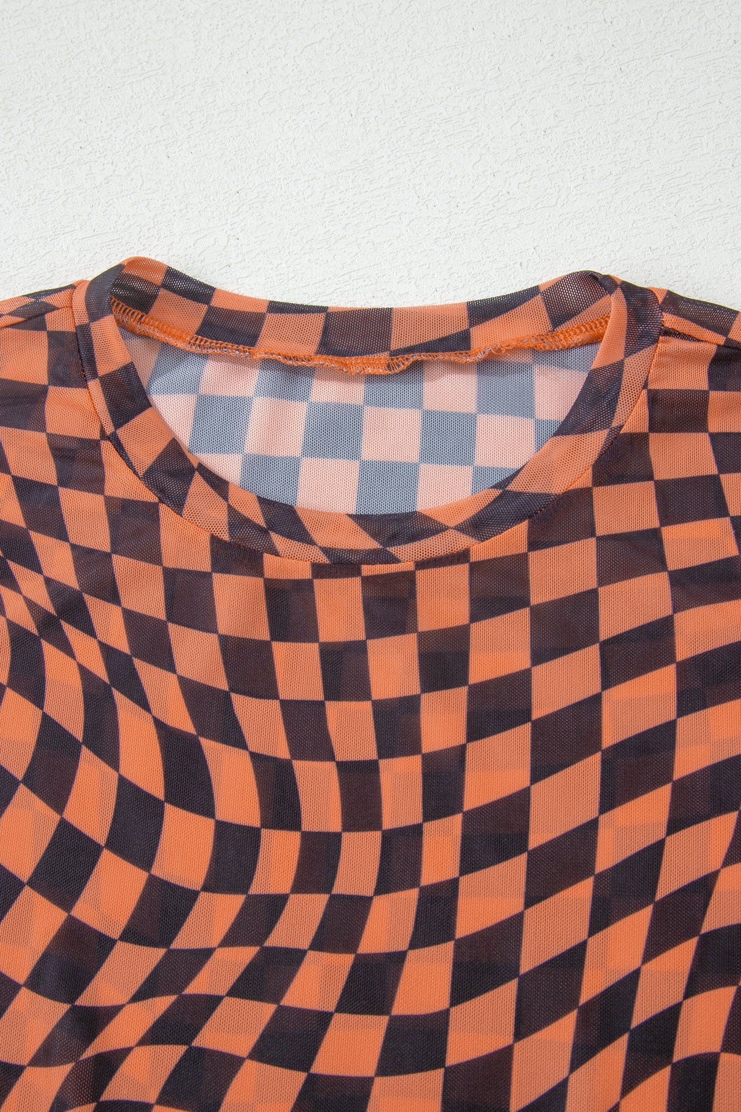 Checker Mesh Mock Neck Short Sleeve T-Shirt