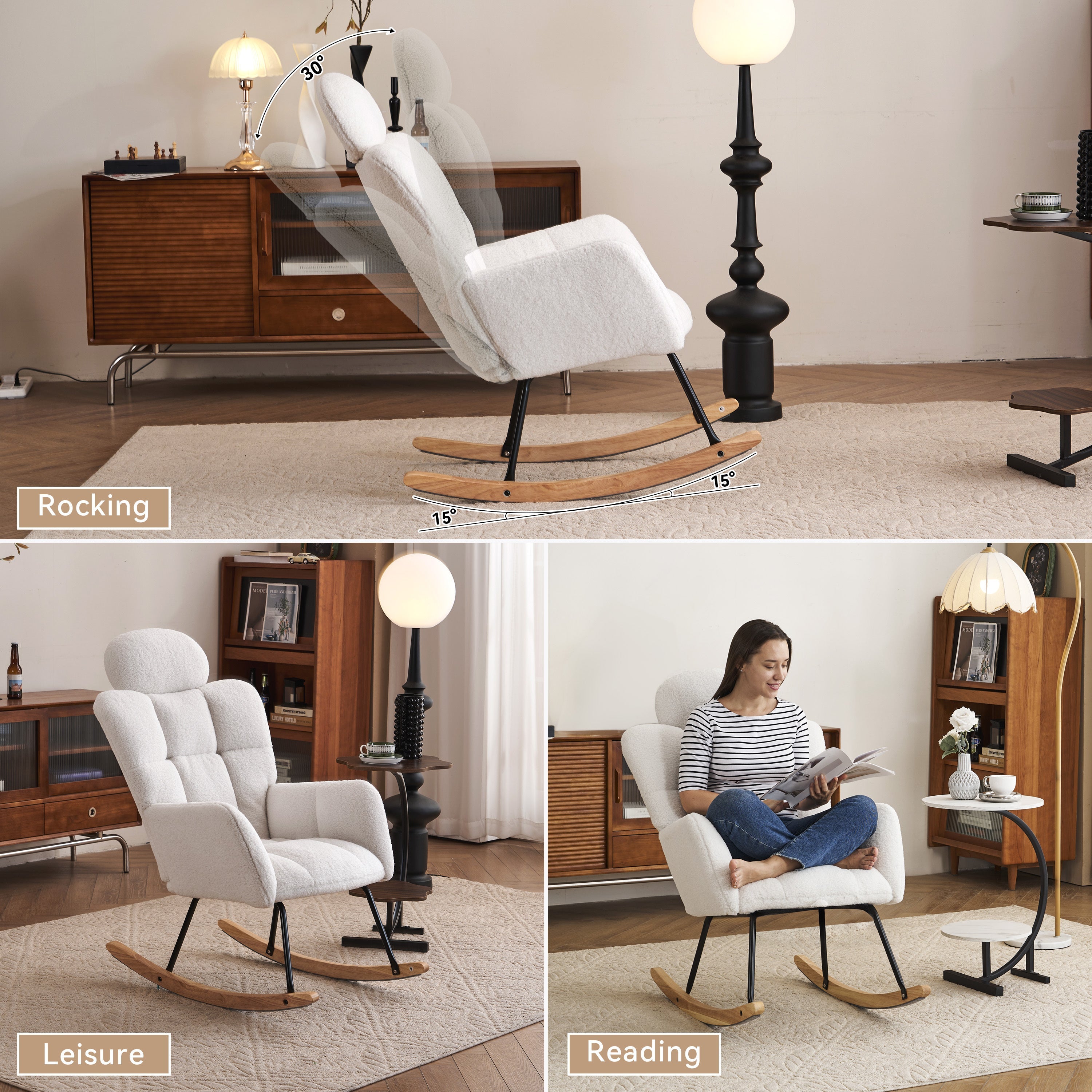 Modern Ivory Teddy Fabric Upholstered Nursery Rocking Glider Chair with Padded Seat and High Backrest