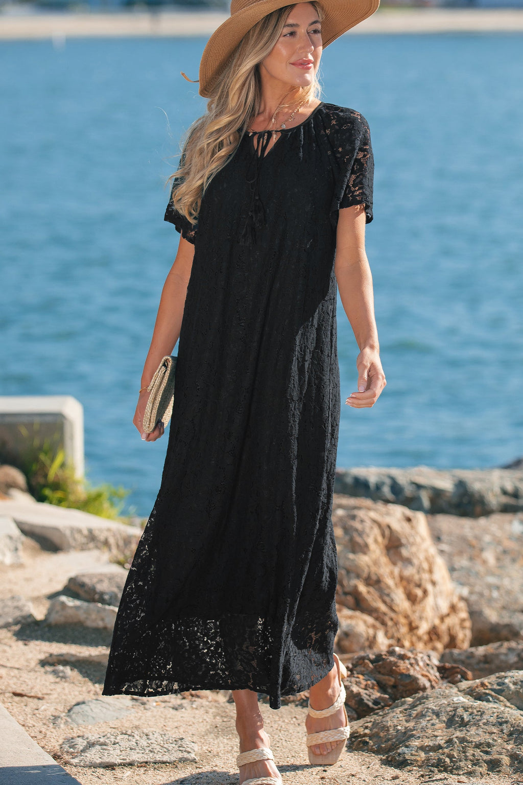 Lace Overlay Tassel Tie Short Sleeve Maxi Dress
