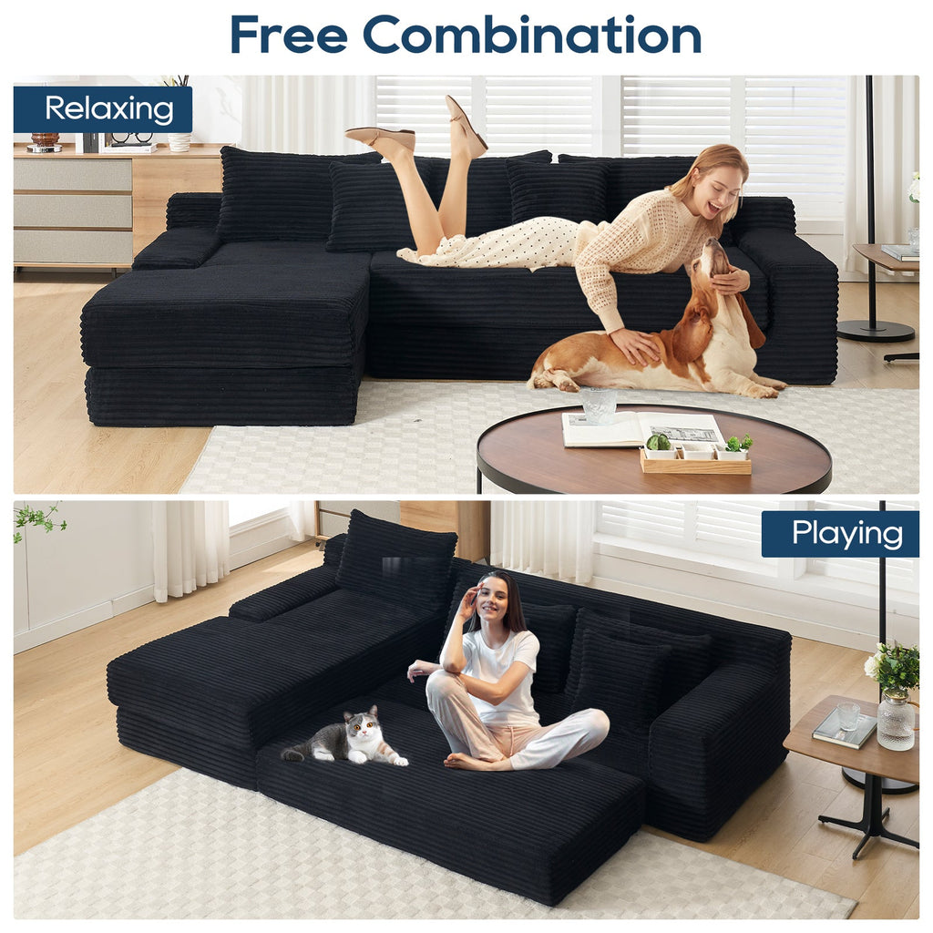 Modern L-Shaped Sectional Couch with Memory Foam and Steel Frame in Black Corduroy for Living Room