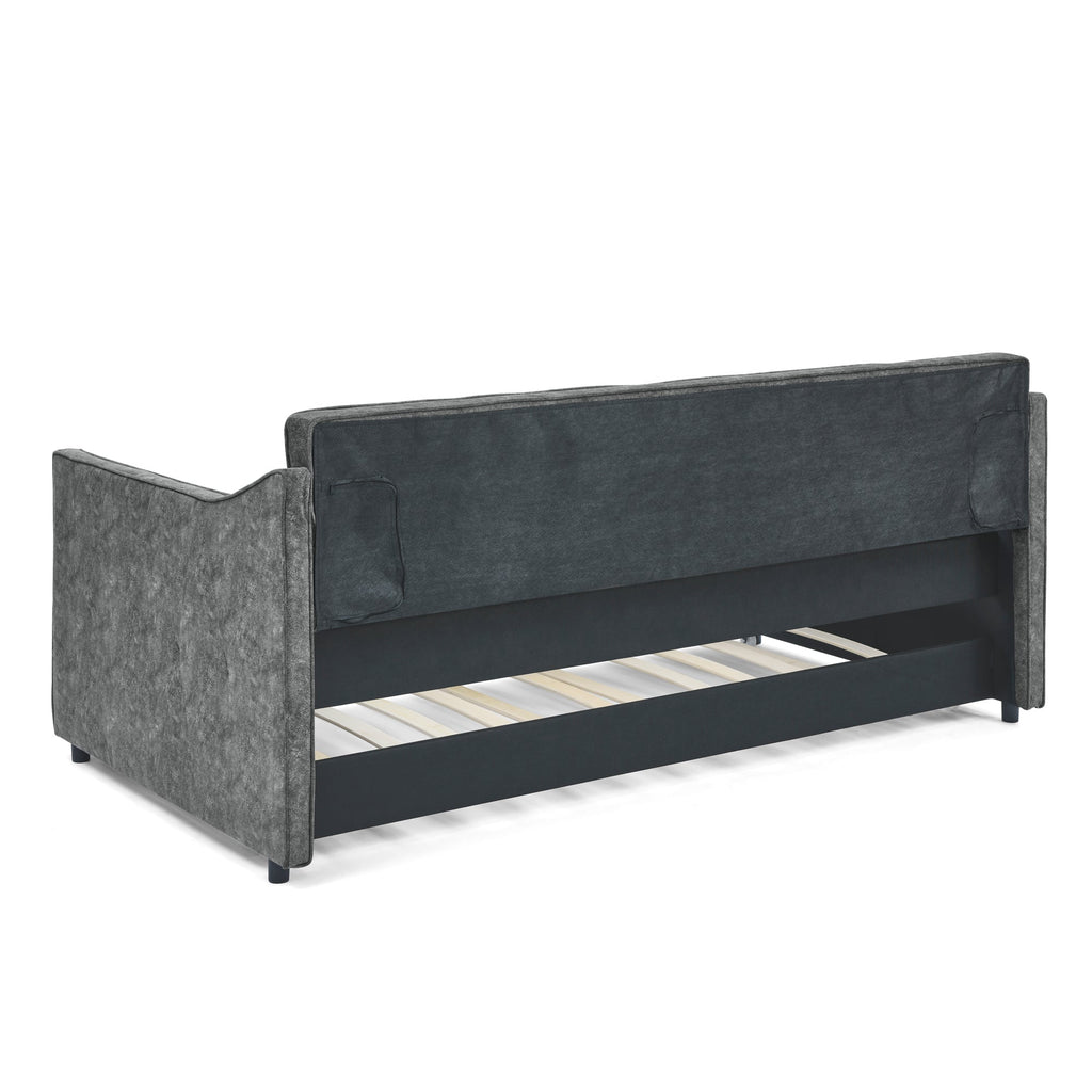 Twin Size Daybed with Twin Size Trundle Upholstered Tufted Sofa Bed,  Waved Shape Arms, Grey (80.5'x44.5'x33.5')