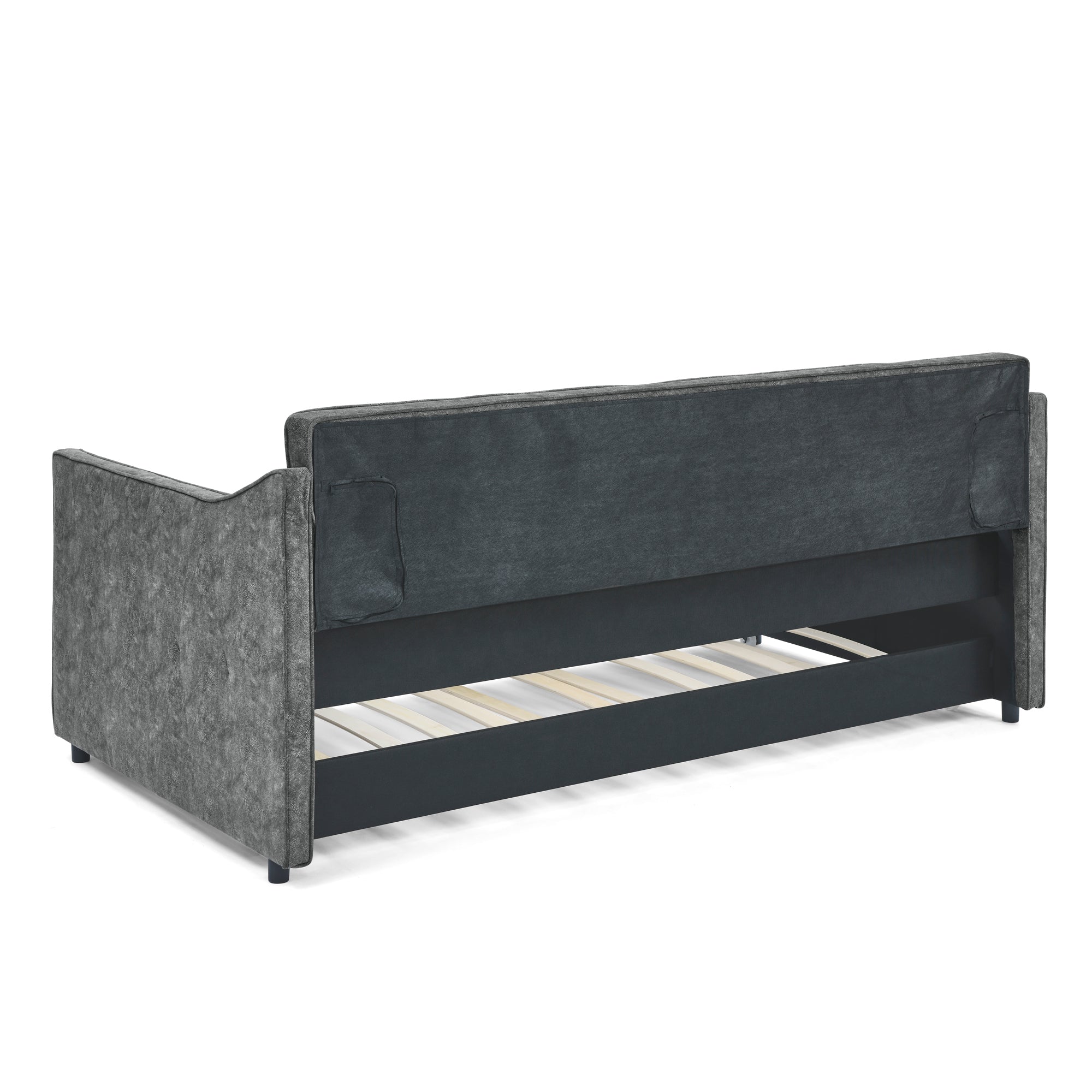Twin Size Daybed with Twin Size Trundle Upholstered Tufted Sofa Bed,  Waved Shape Arms, Grey (80.5'x44.5'x33.5')