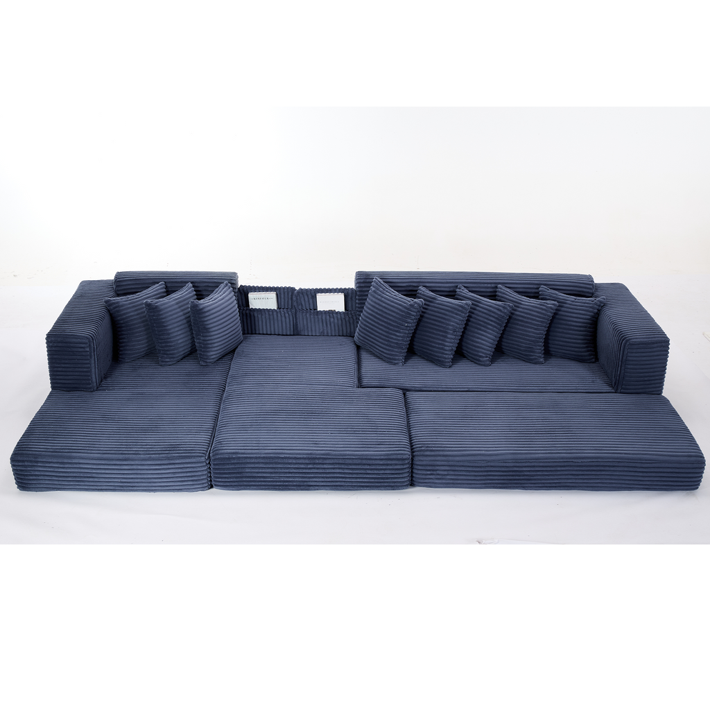 [NEW ARRIVED] [VIDEO PROVIDED]   Oversize Cloud Couch, L-Shape Sofa, Convertible Floor Sleeper Sofa Bed,  No Assembly ,Eight  pillows,3-in-1,Side Pocket,(Left Facing Sofa),3 Seat,Corduroy,Blue