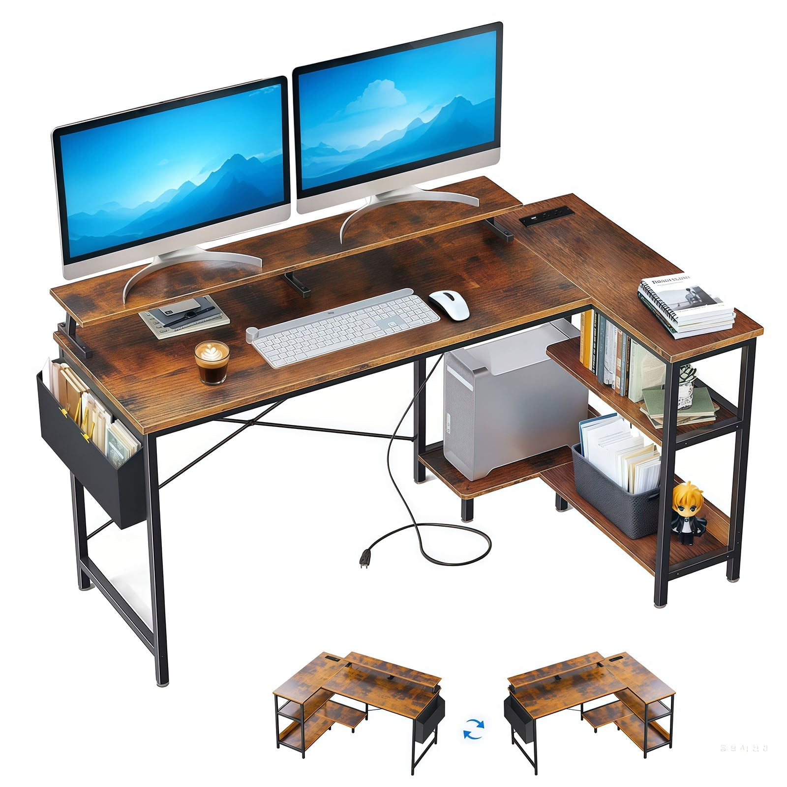 47'' Gaming Desk with Power Outlets, Reversible L Shaped Computer Desk with Monitor Stand & Storage Shelves, Corner Home Office Desk with Side Bag for Home Office, Bedroom, Small Space, Vintage