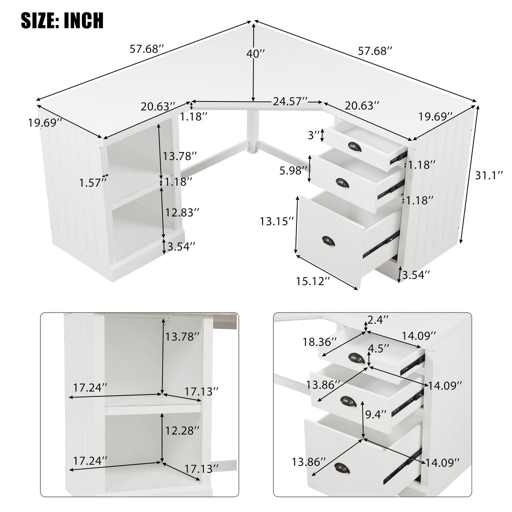 57.68' Modern L Shaped Executive Desk with 2 Storage Cabinets and 3 Drawers,Corner Writing Desk,Office Desk Furniture,Computer Desks with Depth Workstation for Home Office,Living room,White