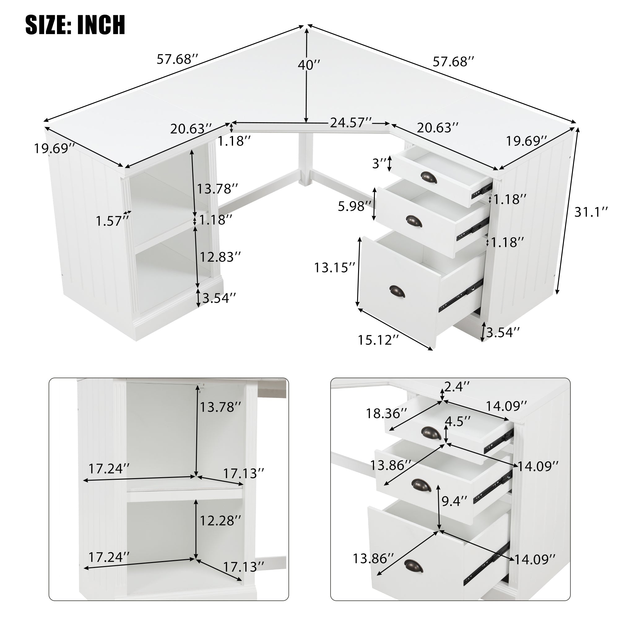 57.68' Modern L Shaped Executive Desk with 2 Storage Cabinets and 3 Drawers,Corner Writing Desk,Office Desk Furniture,Computer Desks with Depth Workstation for Home Office,Living room,White