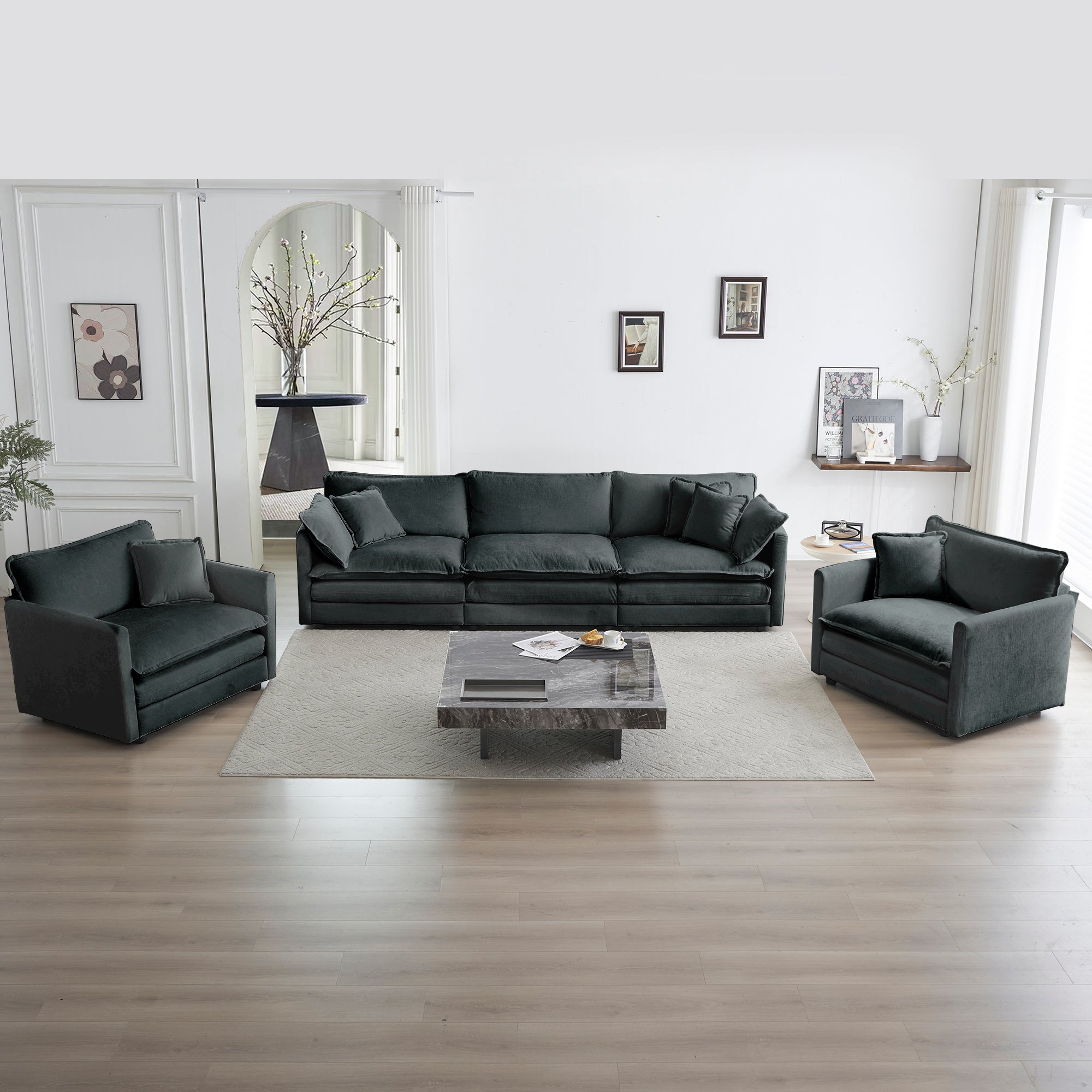 Sofa Set of 3, 1+1+3 Seats Living Room Sofa Set, Accent Chair, Loveseat, and Three-Seat Sofa Modern Style Round Arms 3 Piece Sofa Set, Gray Chenille