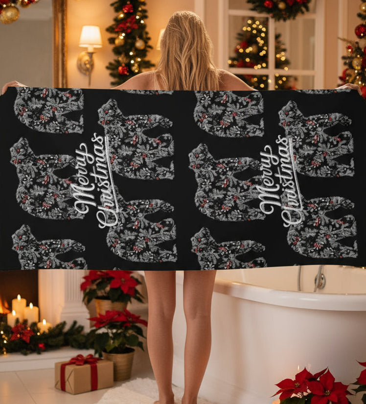 Merry Christmas Chinoiserie Polar Bear Black Bath Towel (Made in USA)