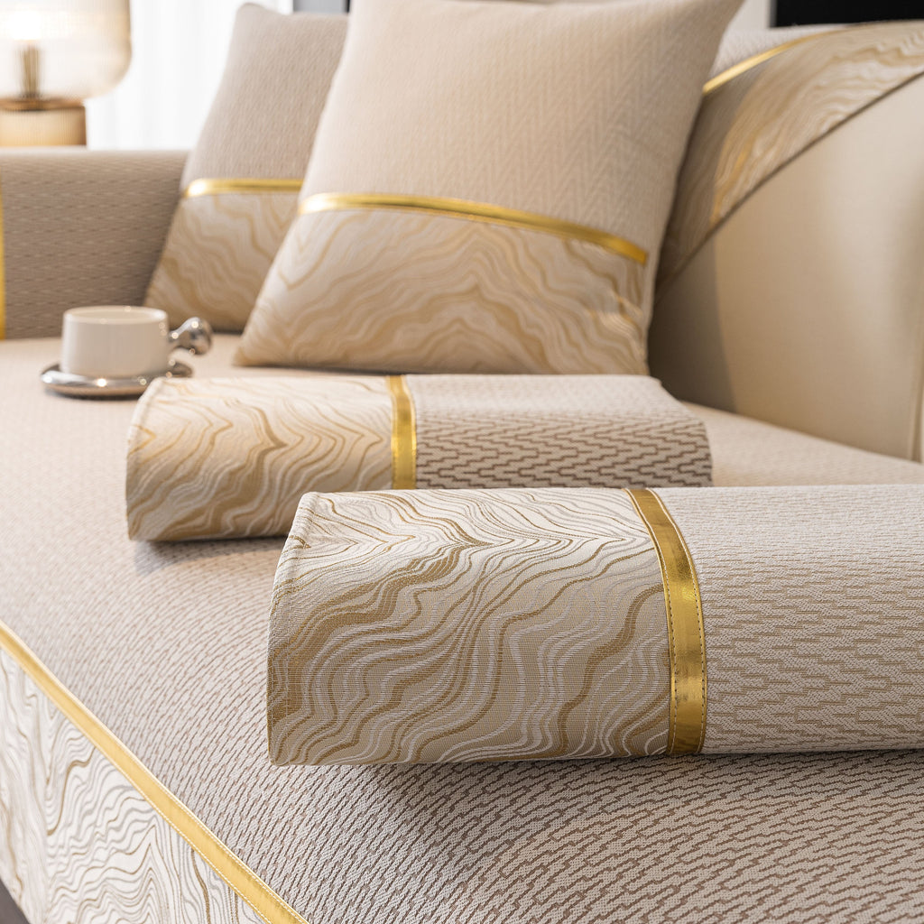 Non-Slip Couch Cover with Gold Trim, Sofa Slipcover for Sectional & Loveseat