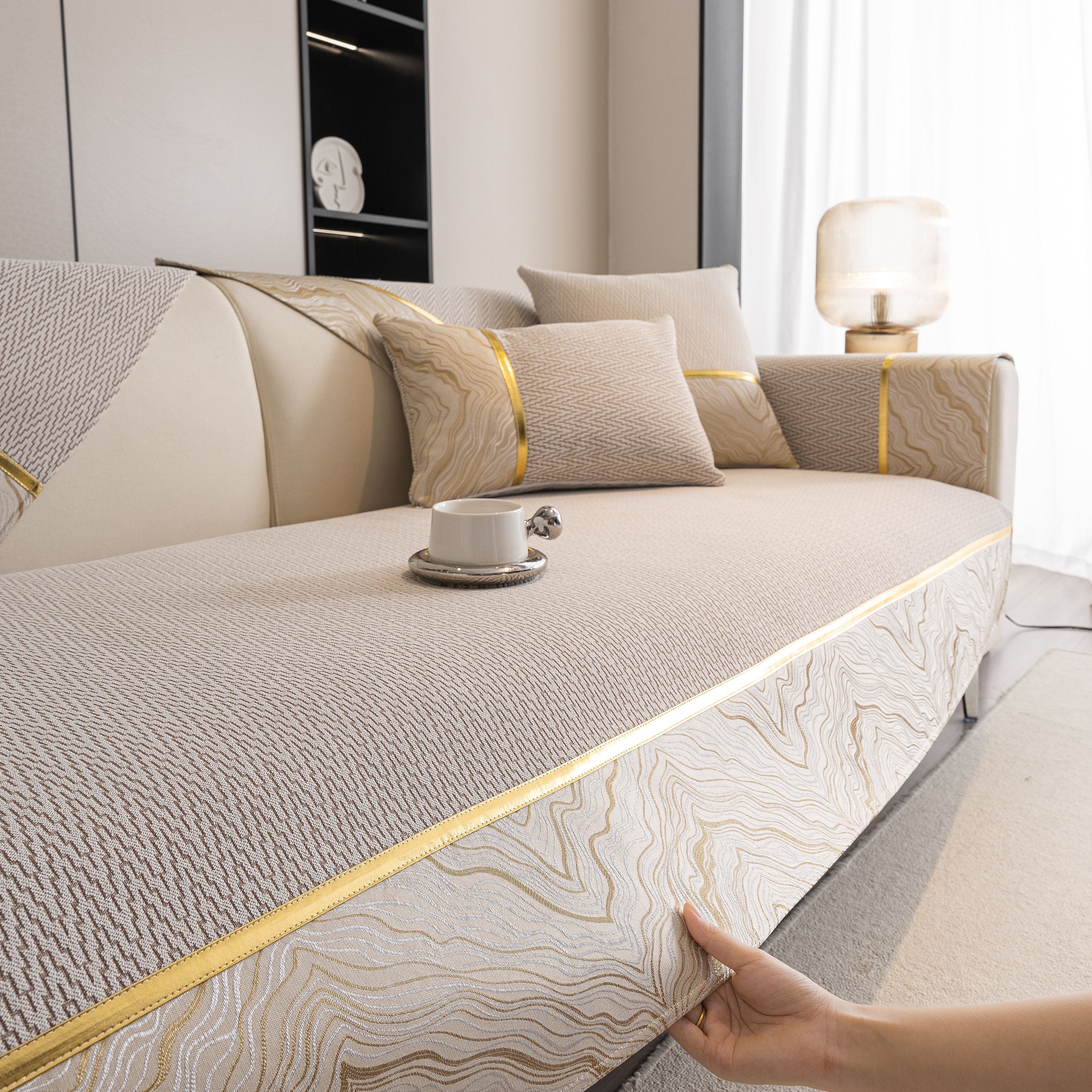 Non-Slip Couch Cover with Gold Trim, Sofa Slipcover for Sectional & Loveseat