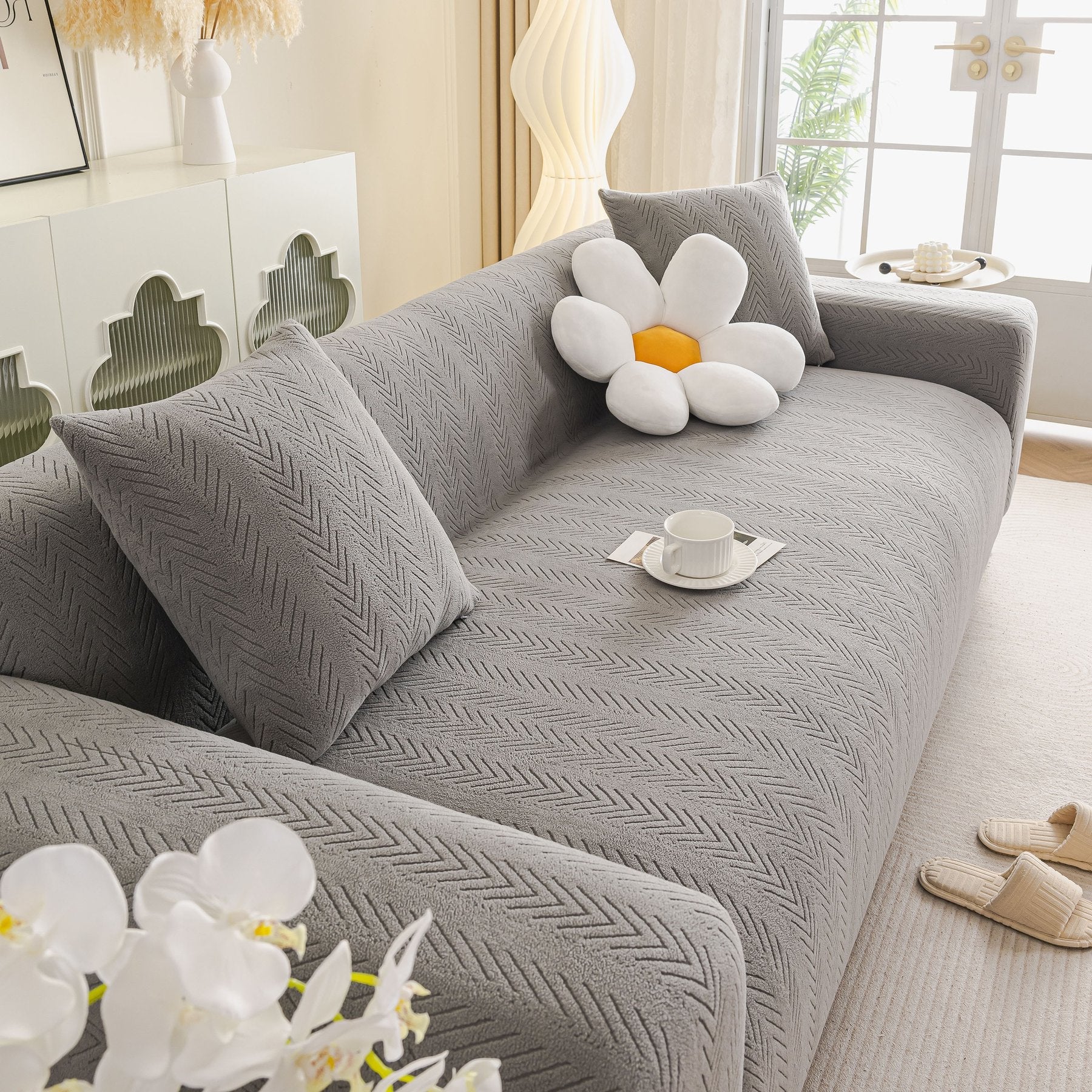 High Stretch Herringbone Textured Slipcover for Standard & L-Shaped Sectional Couches