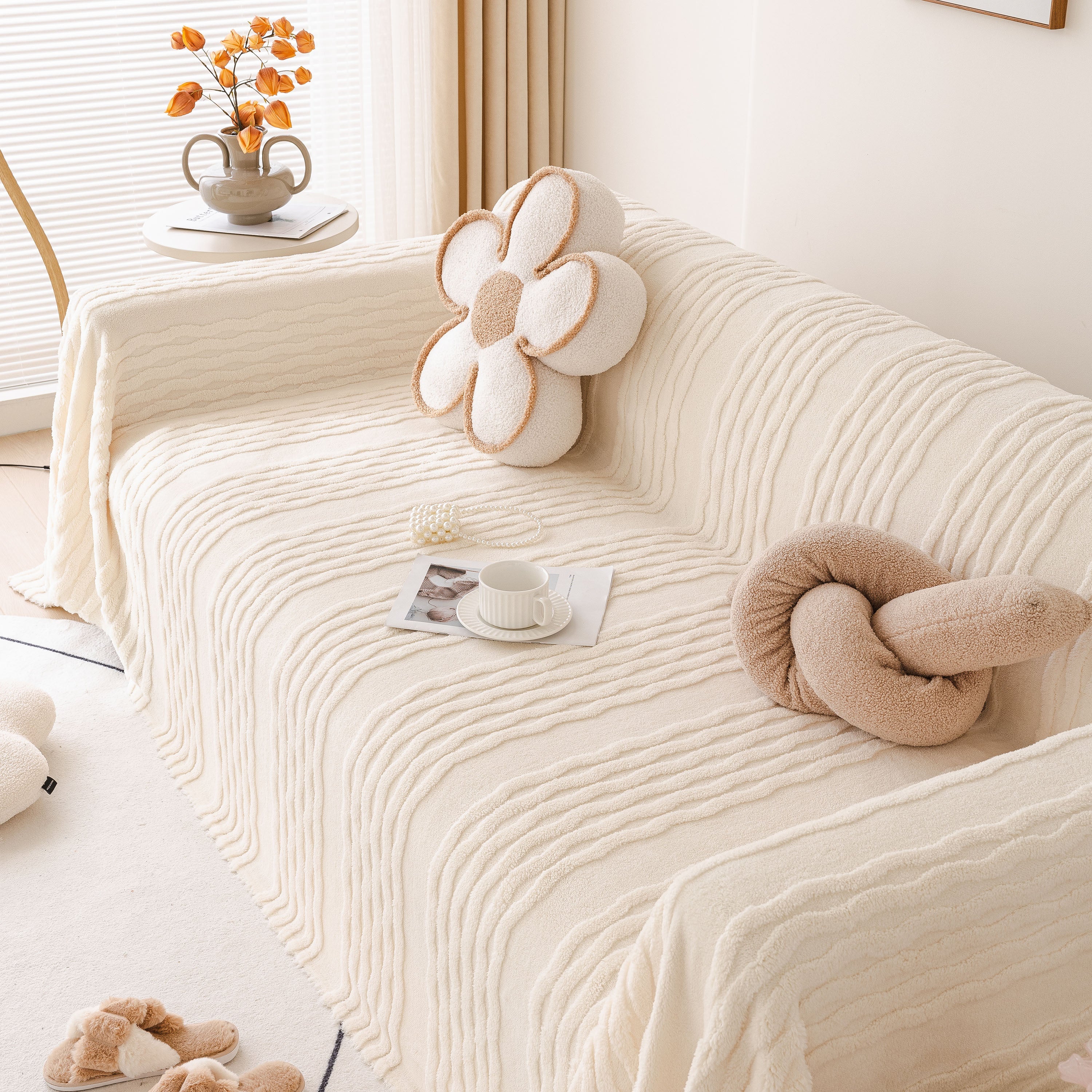 Modern 3D Water Ripple Sofa Cover, Non-Shedding Cream Style Furniture Protector Throw