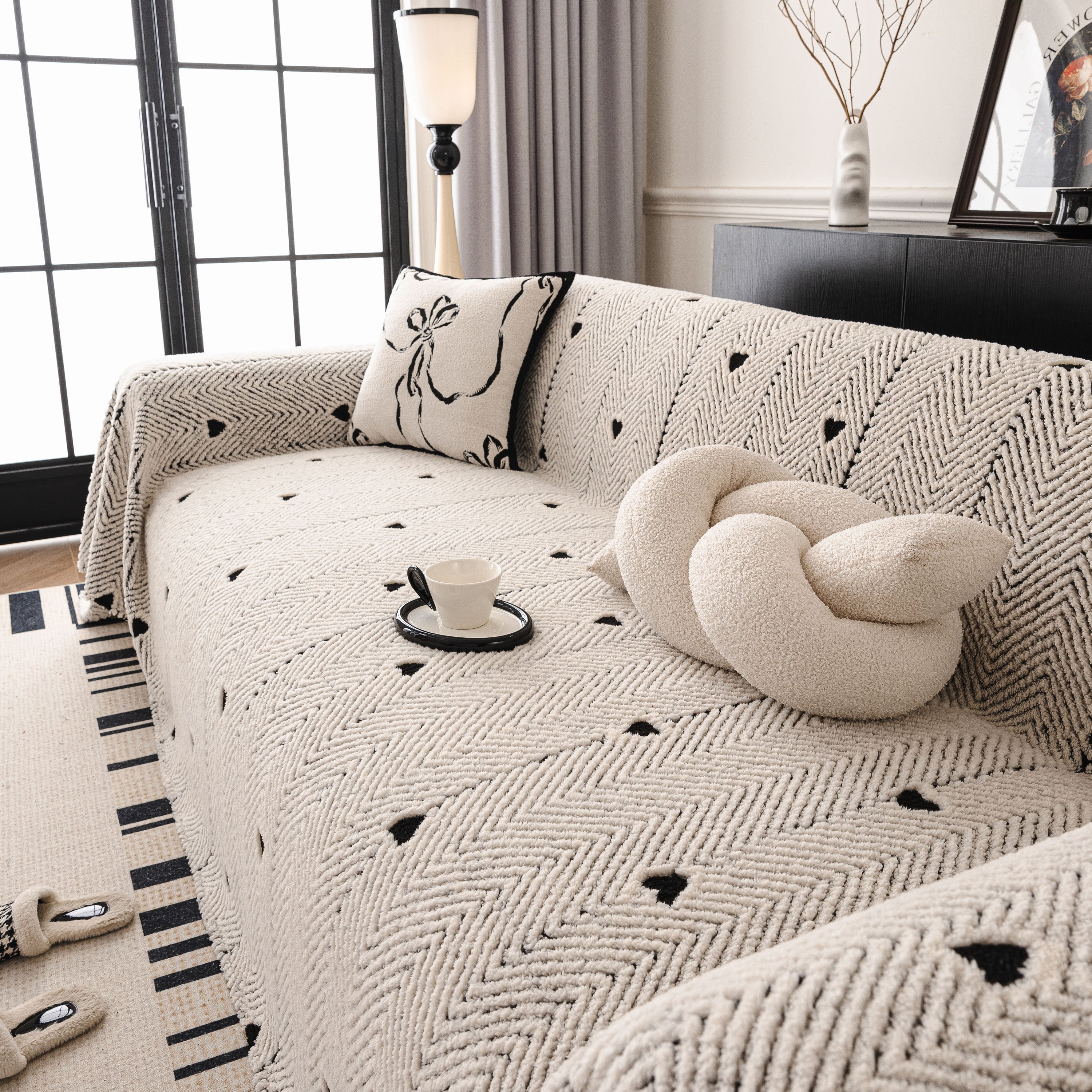 Thick Plush Sofa Cover Throw for Couch, 3D Textured Herringbone Washable Slipcover