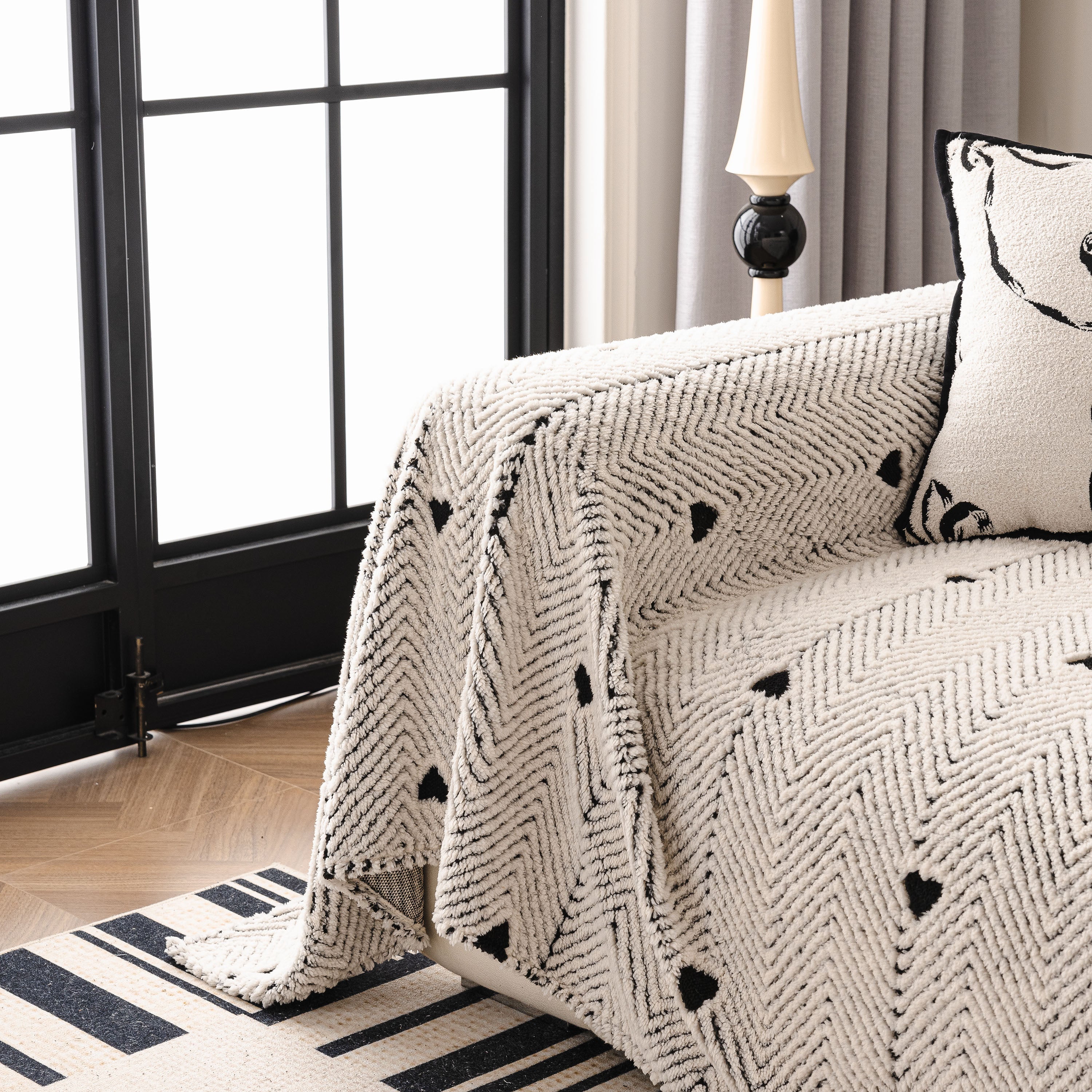 Thick Plush Sofa Cover Throw for Couch, 3D Textured Herringbone Washable Slipcover