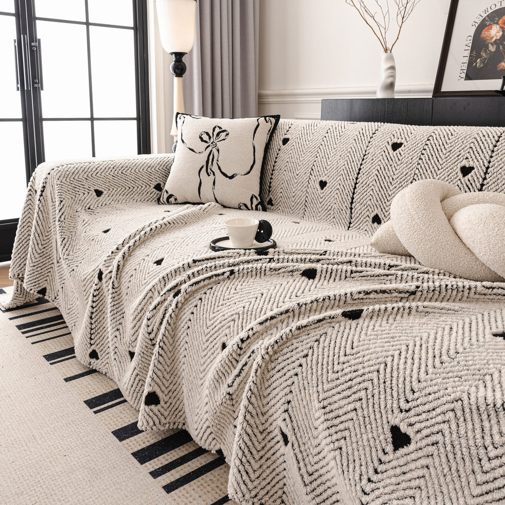 Thick Plush Sofa Cover Throw for Couch, 3D Textured Herringbone Washable Slipcover