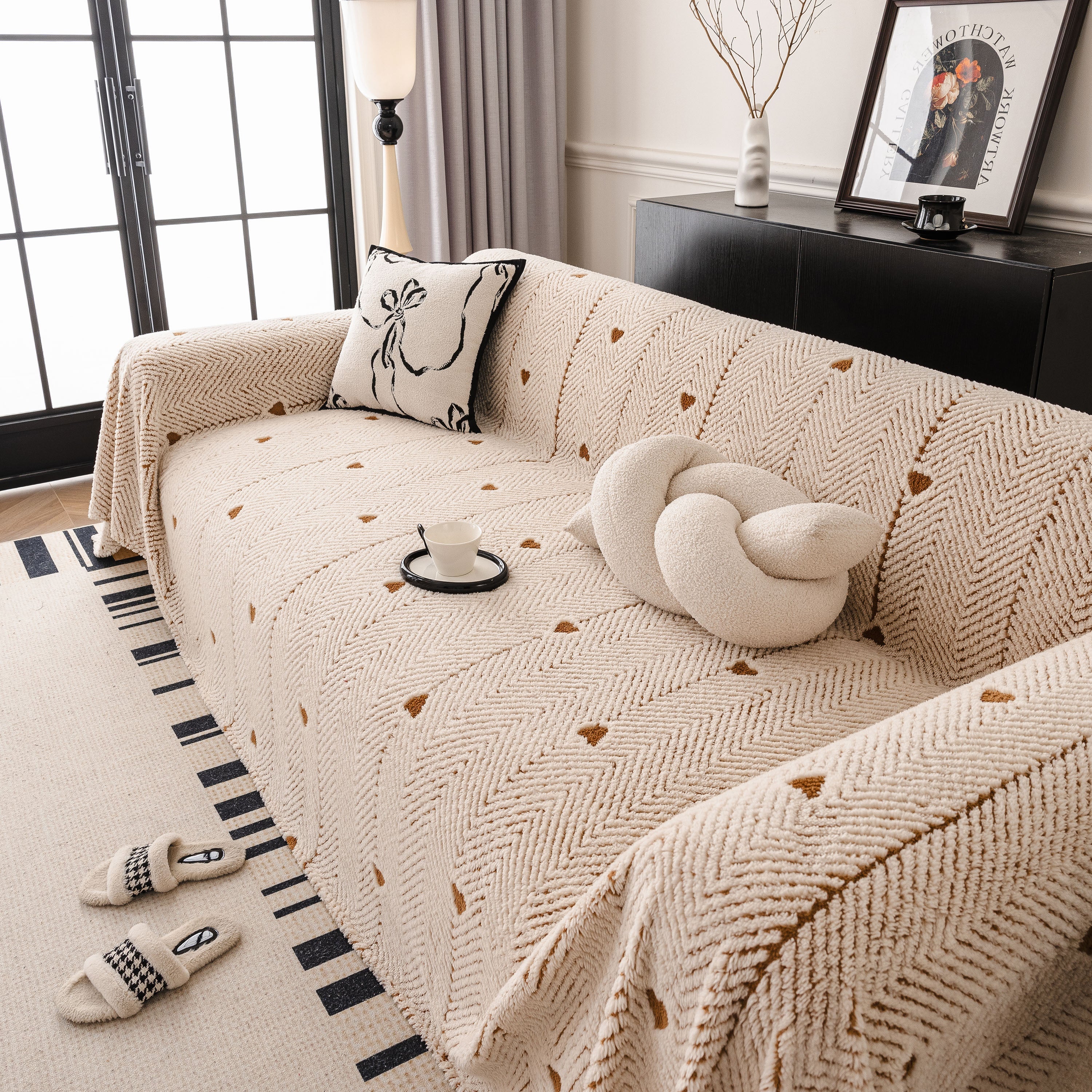 Thick Plush Sofa Cover Throw for Couch, 3D Textured Herringbone Washable Slipcover