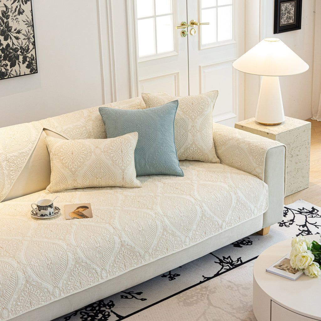 Baroque Sofa Cover – Quilted Cotton, Non-Slip, Washable with Ornate Embroidery