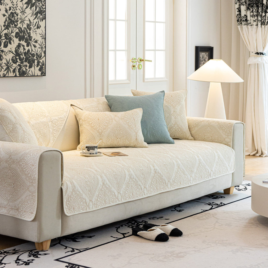 Baroque Sofa Cover – Quilted Cotton, Non-Slip, Washable with Ornate Embroidery