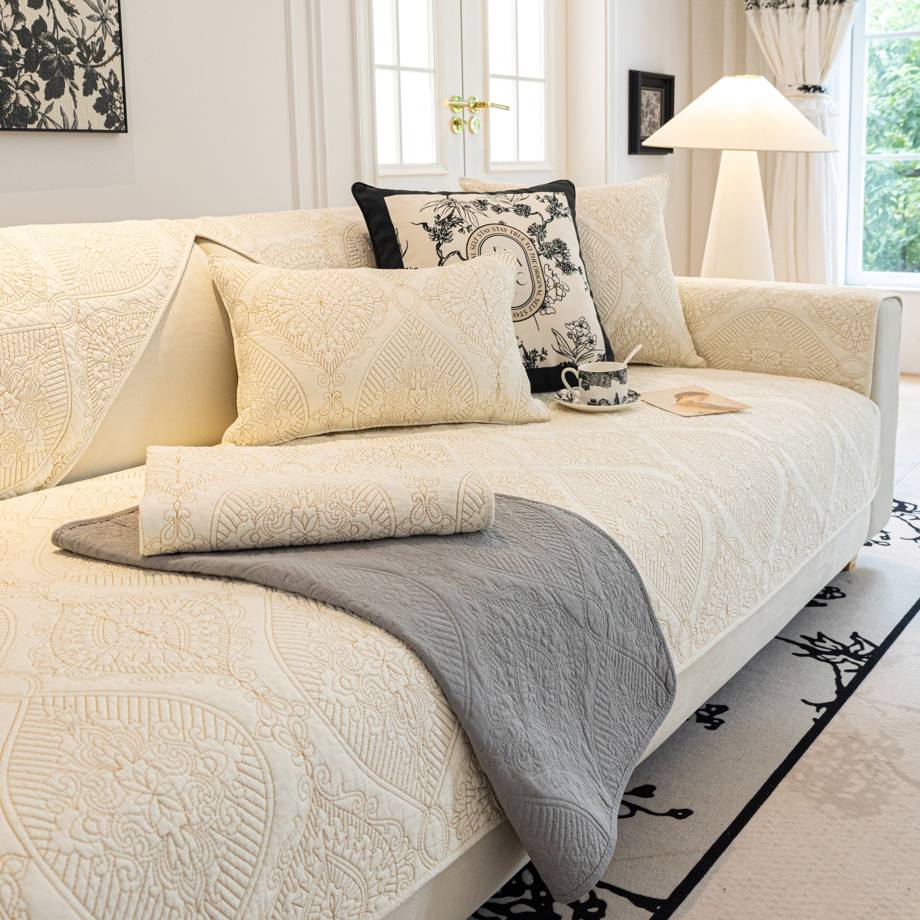 Baroque Sofa Cover – Quilted Cotton, Non-Slip, Washable with Ornate Embroidery