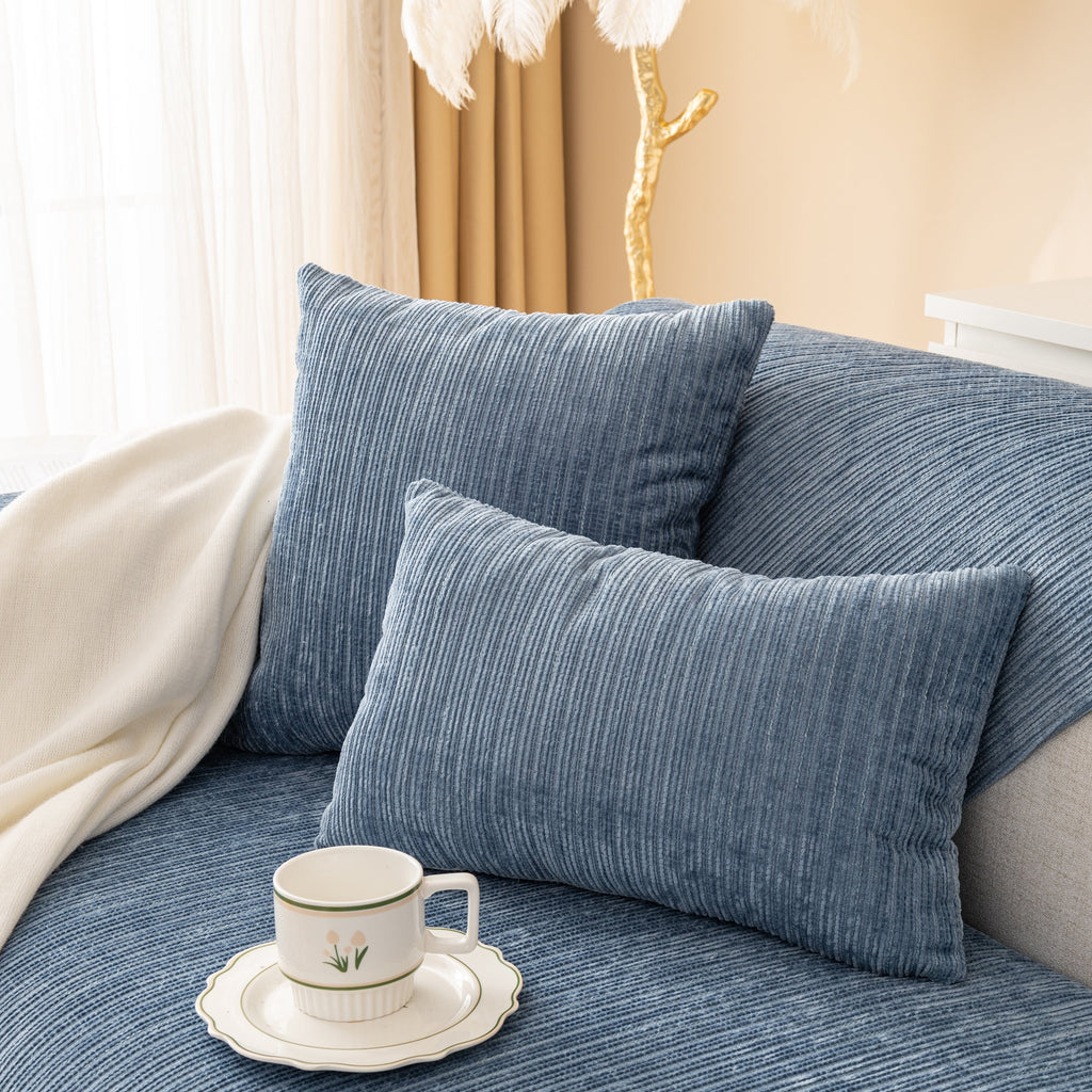 Plush Solid Color Striped L-Shaped Sofa Slipcovers, Washable Non-Slip Textured Furniture Covers