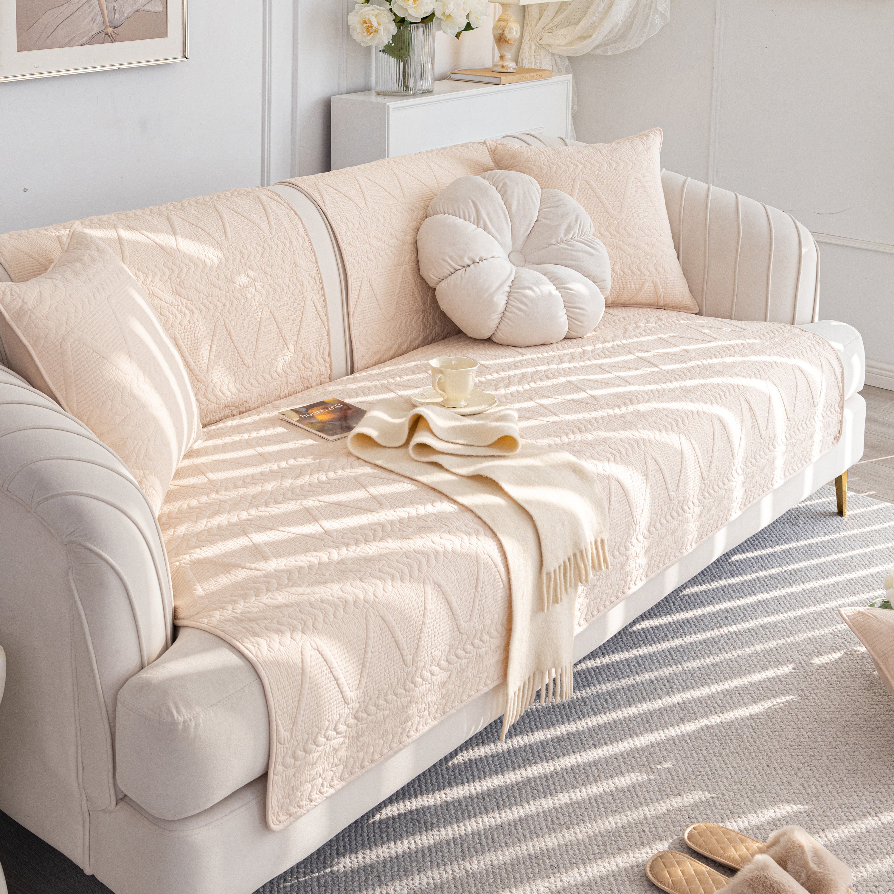 Geometric Textured Cotton Quilted Sofa Cover, Non-Slip Washable Couch Protector
