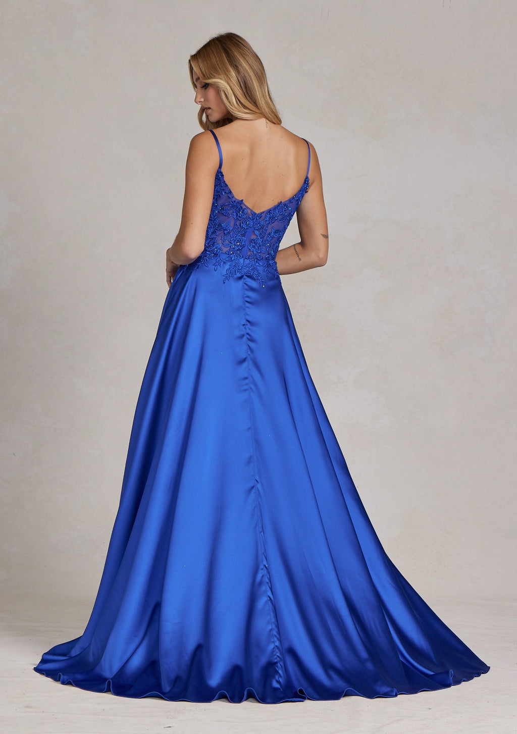 Delicate Lace Embellished A-Line Graduation Satin Gown w/ Side Pockets & Daring Leg Slit NXK1121