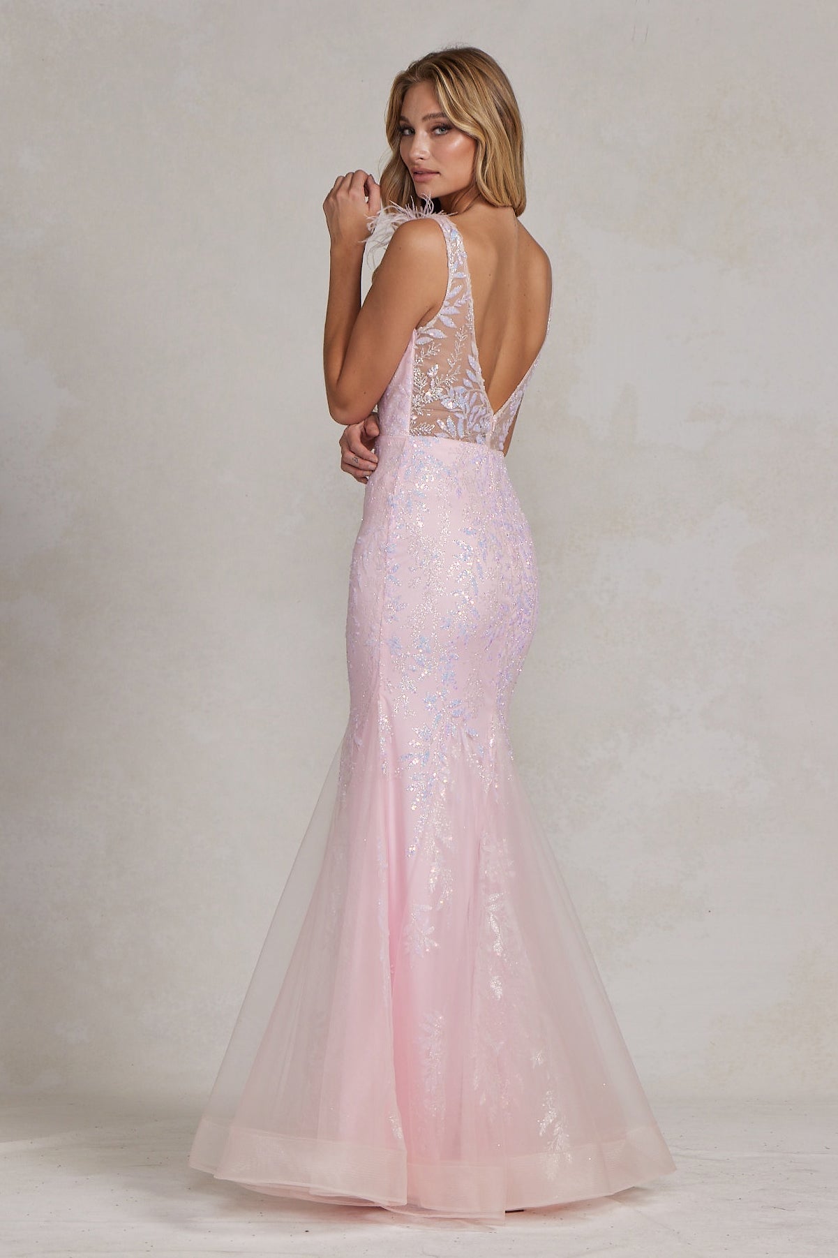 Delicate Feather Embellished Long Senior Party Dress w/ Sequins & Sweetheart Neckline NXT1208