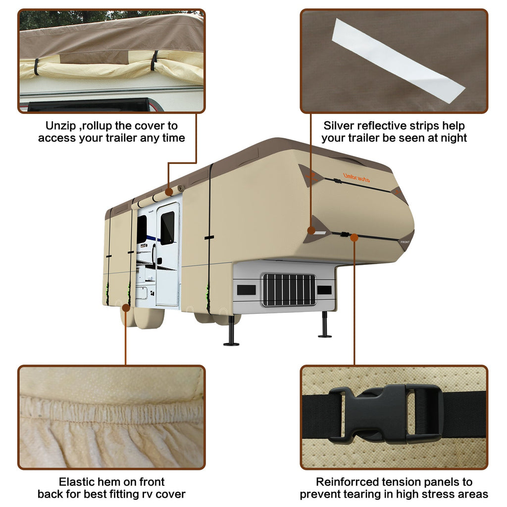 Umbrauto Umbrauto 5th Wheel RV Cover | 7-Layer Waterproof & UV-Proof Camper Trailer Cover with Tire Covers, Tongue Jack Cover & Windproof Ropes