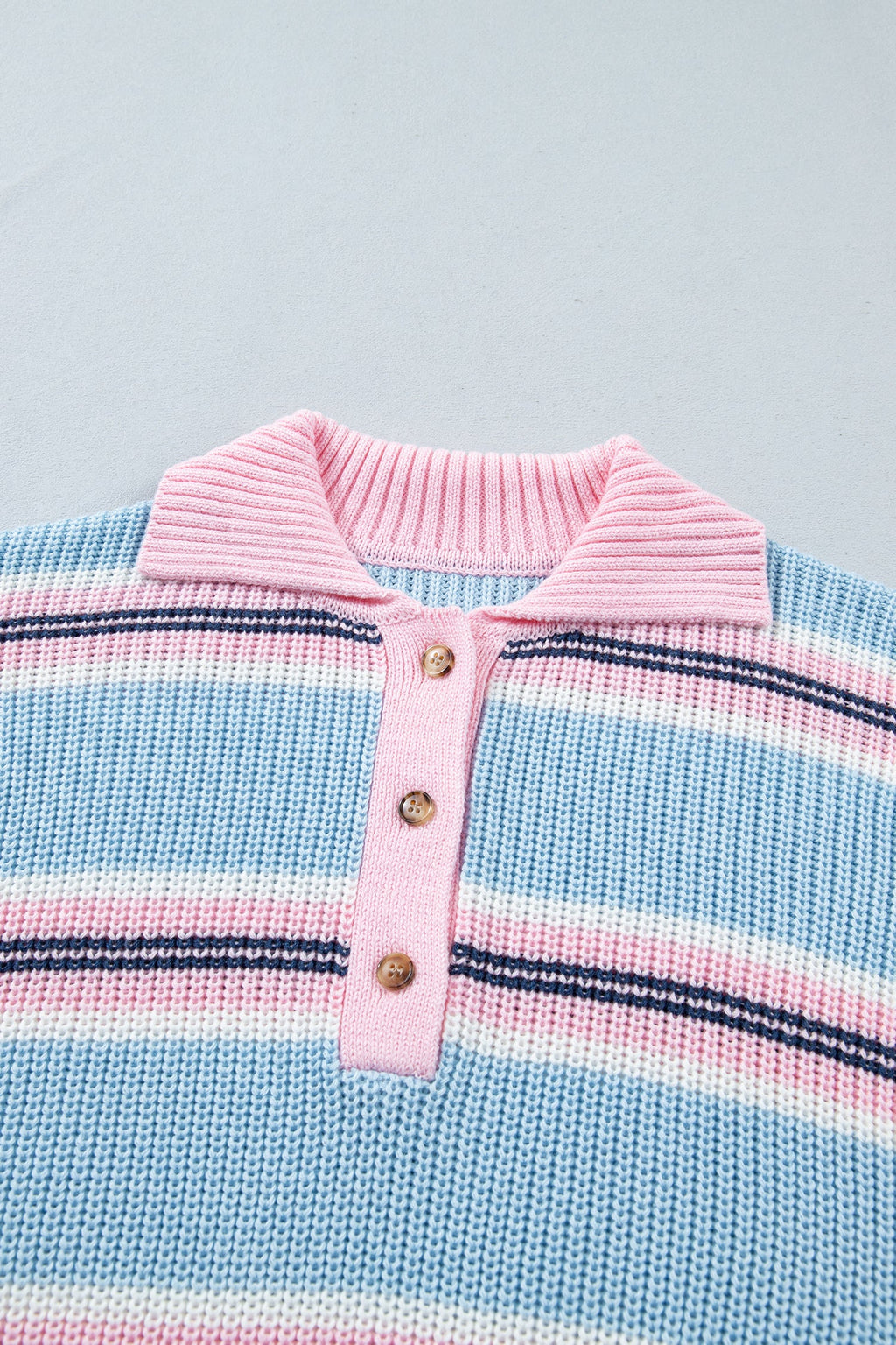 Stripe Ribbed Trim Buttoned Collar Long Sleeve Sweater