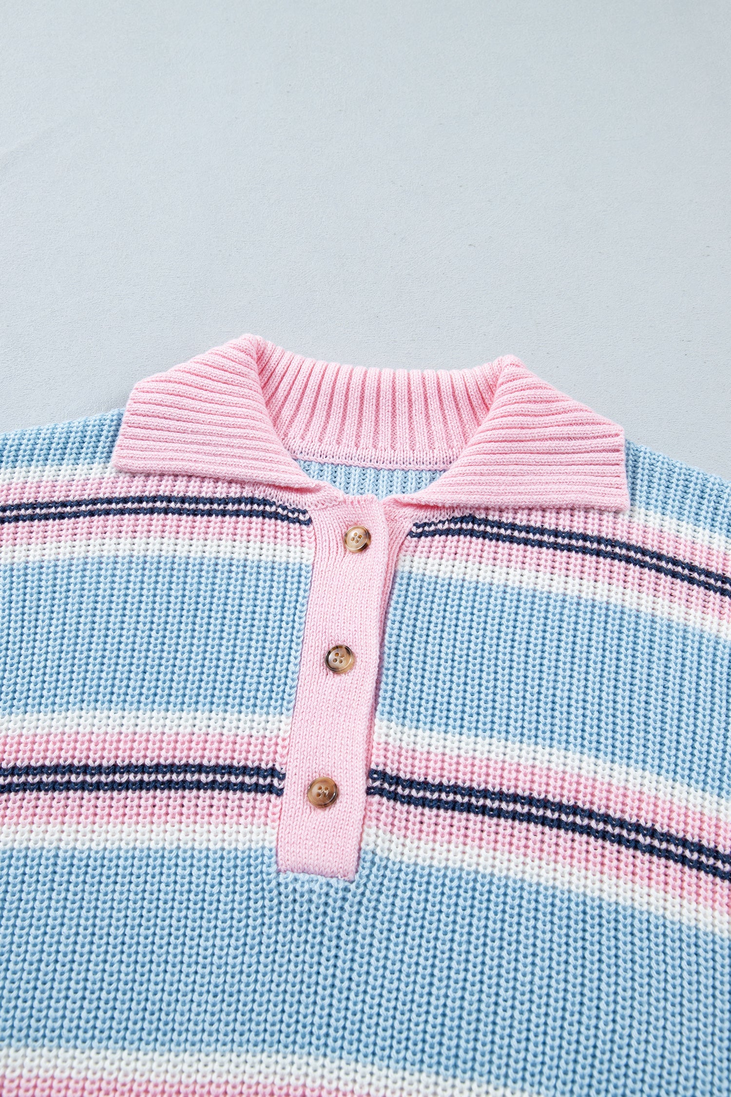 Stripe Ribbed Trim Buttoned Collar Long Sleeve Sweater