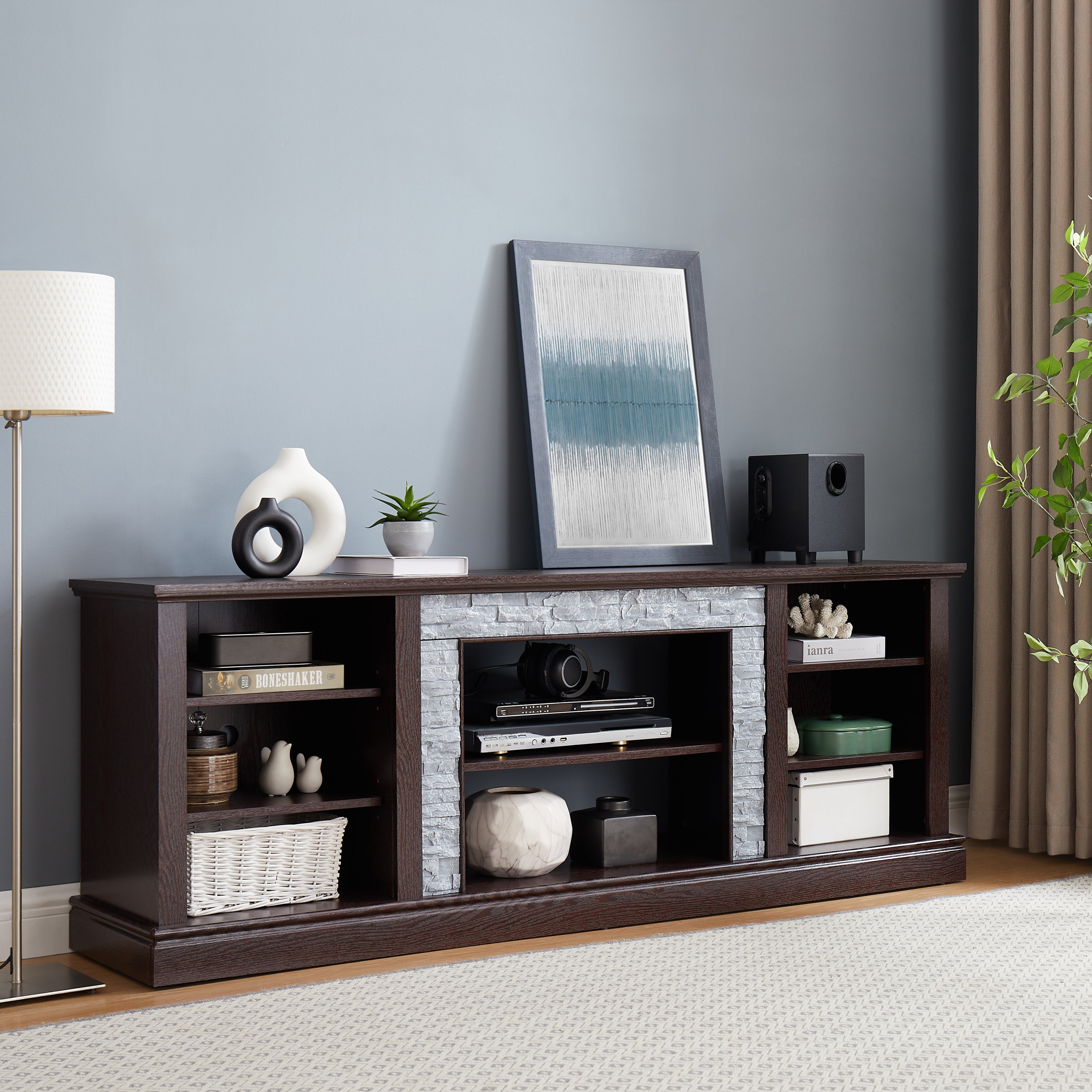 Large Faux Stacked Stone TV Stnad, Desk Storage Rack, Media Console Table with Large Storage Cabinet,Modern TV Media Entertaionment Stand,Cherry, 70.12'W*15.35'D*25.83'H